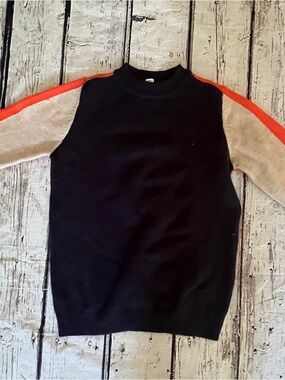 Women’s Navy Crewneck Sweater with Contrast Tan and Orange Sleeves